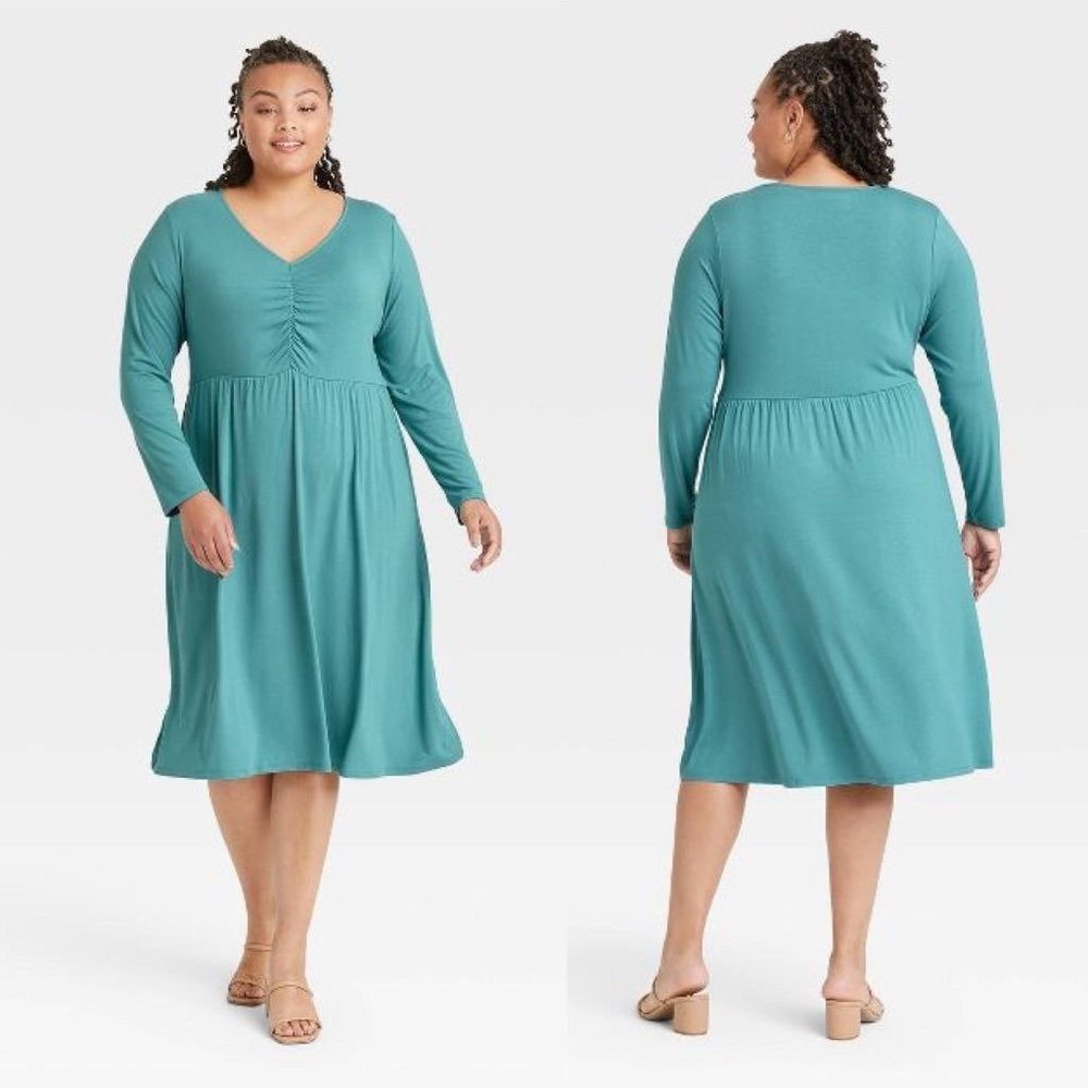 Ava & Viv Women's Dress X 14W Blue Ruched Bodice Long Sleeve Midi Plus Size New